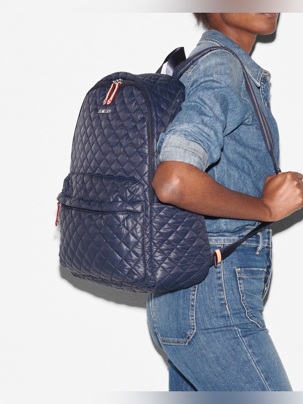 MZ Wallace Quilted Metro Navy Backpack with Contrast Zipper Pulls